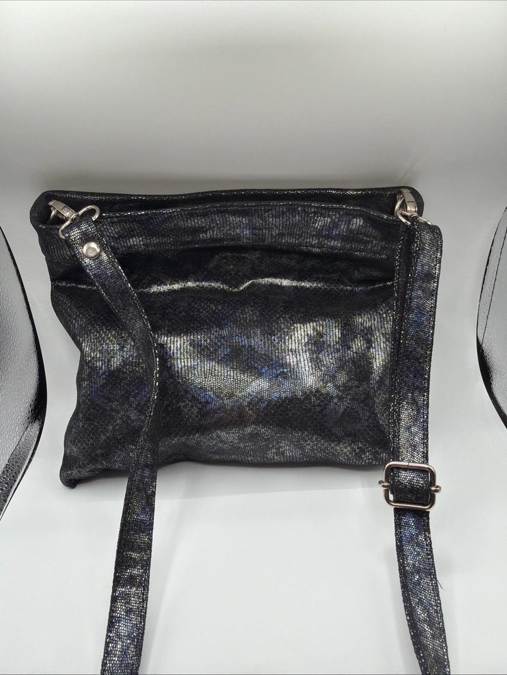 CoFi  Womens Metallic Black Blue Silver Snake Python Print Crossbody Bag